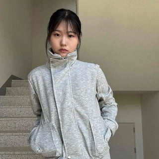 Plain Full-Zip Loose Fit Long Sleeve Zip-Up Jacket with Zipper Buttons