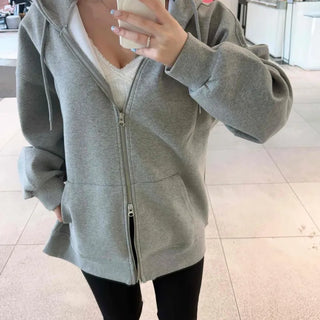 Plain Zipper Hoodie, Oversized, Long Sleeve, Full Zip