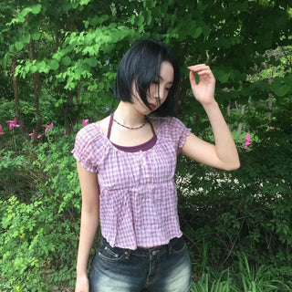 Frill Color Block Gingham Check Fitted Short Sleeve Blouse