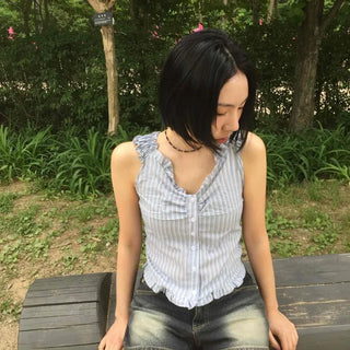 Frill Button Stripe Fitted Sleeveless Blouse