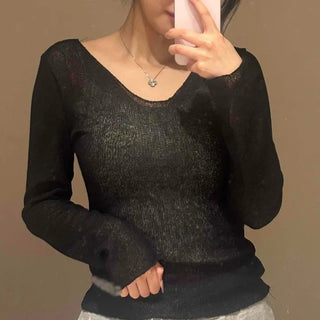 See-through Slim Fit Plain Daily Long Sleeve T-shirt