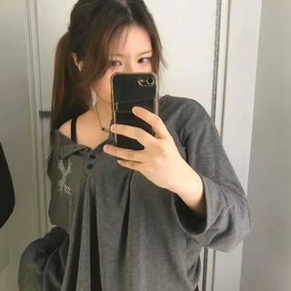 Button Lettering Oversized Daily Long Sleeve T-shirt