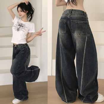 Perfect Lower Body Coverage, Trendy Low-Rise Vintage Washed Back Pocket Side Stitch Cut-Out Wide Long Denim Pants