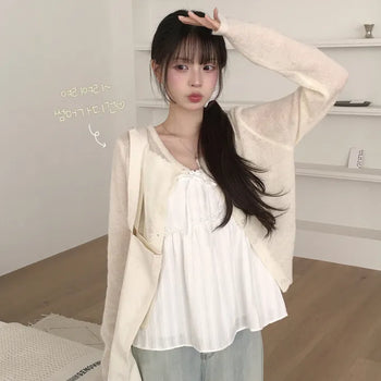 Innocent mood, sun-blocking anti-sunburn see-through U-neck delicate fit pendant long sleeve summer knit cardigan