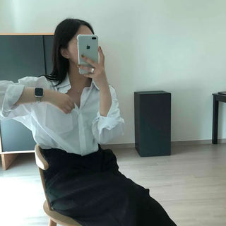 Loose-fit Plain Button-down Long-sleeve Shirt