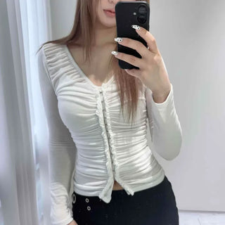 Shirred Button Zip-Up Slim Fit Long Sleeve Cardigan