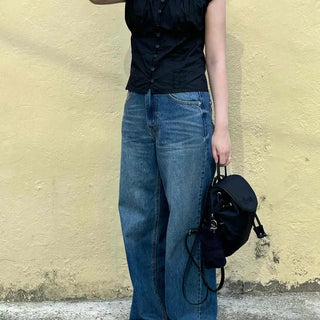Shirred Frill Button Plain Cap Sleeve Blouse