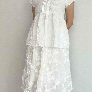 Frill Shirred Flower A-line Midi Skirt