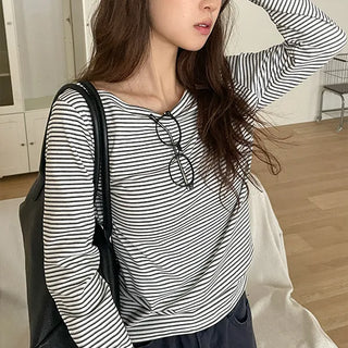 Maycle Delicate Fit Boat Neck Semi Off-Striped Long Sleeve T-shirt