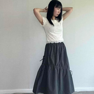Shirred String Flare Tiered A-Line Long Skirt
