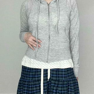 Plain Full-Zip Regular Fit Long Sleeve Zip-Up Jacket with Zipper Drawstring