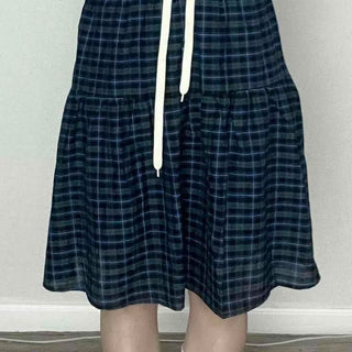 String Check Tiered A-Line Midi Skirt