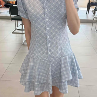 Regular Fit Check Frill Shirred Short Sleeve Tiered Mini Dress