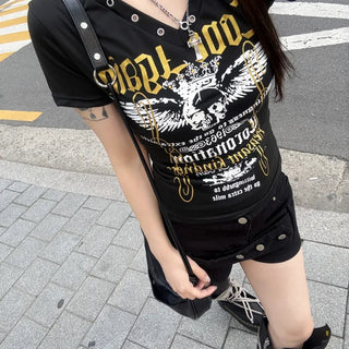 Y2K Noble Punk Gothic Eyelet Short Sleeve Hoodie