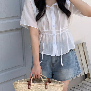 Innocent and Delicate, Tie Shirred Short Sleeve Blouse