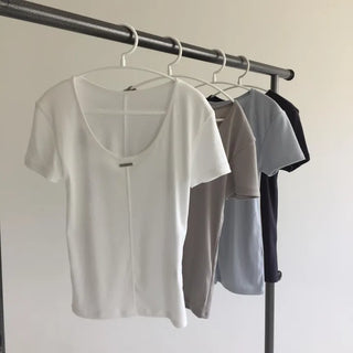 Stretchy Spandex U-neck Short Sleeve Crop Top, Thin Basic Summer Layering Tee