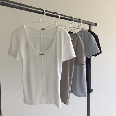 Stretchy Spandex U-neck Short Sleeve Crop Top, Thin Basic Summer Layering Tee