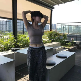 Loose-fit Leopard Washed Cargo Pocket Wide Long Pants