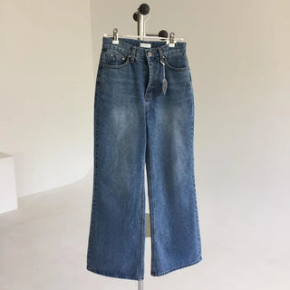 Laminated Semi-Bootcut Medium Blue Denim Loose Fit Summer Jeans