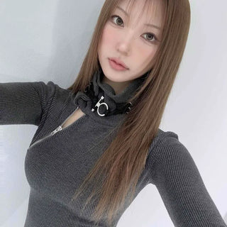 Plain Slim Fit Long Sleeve T-shirt with Zipper Eyelet String