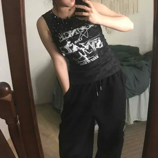 Lettering String Wide Loose Fit Daily Long Pants