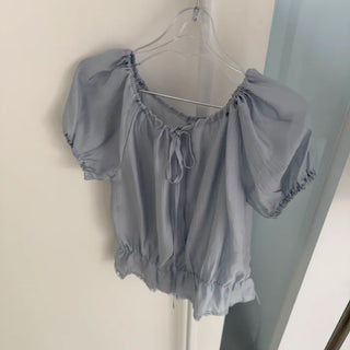 Moen Ribbon Shirring Short Sleeve See-through Blouse