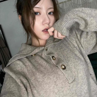Plain Button Half-Zip Loose Fit Long Sleeve