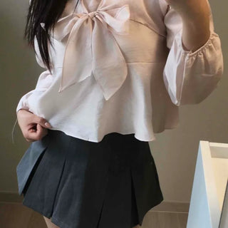 Ribbon Shirred Off-Shoulder A-Line Long Sleeve Blouse