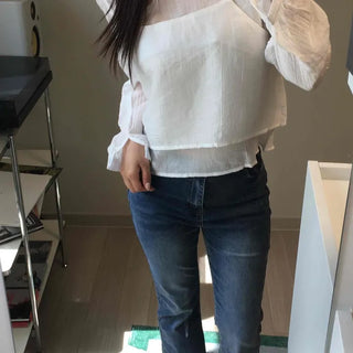 Shirred See-through Layered Loose Fit Long Sleeve Blouse