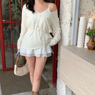 Basi Cashmere Wool Strap Deep V-Neck Loose Fit Knit