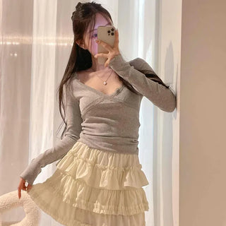 Frill Slim Fit Plain Daily Long Sleeve T-shirt