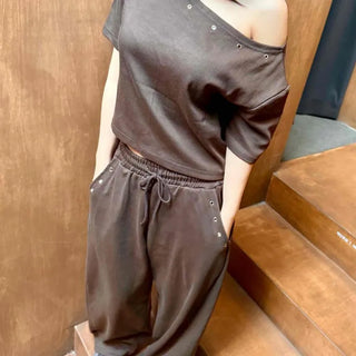 Loose Fit Plain Eyelet Off-Shoulder Short Sleeve T-Shirt