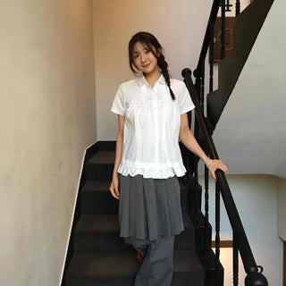 Wide-fit Pintuck Shirred Layered Daily Long Pants