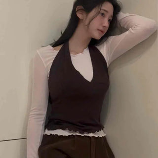 Halterneck Ribbon Frill Layered Slim Fit Plain Two-Piece Set