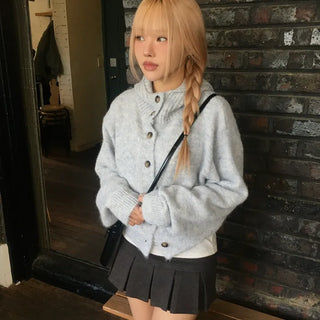 Ribbed Hooded High-Neck Button Knit