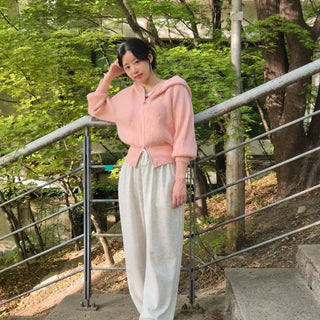 Loose-fit Plain Zipper Long-sleeve Zip-up Hoodie