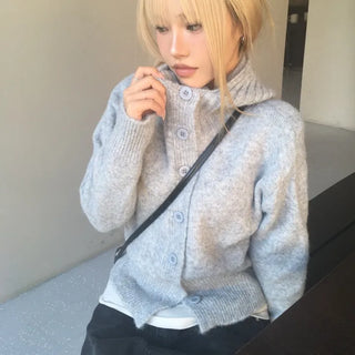 Kani Hooded Wool Button Ribbed High-Neck Knit