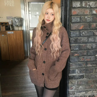 Ronnie Button Turtleneck Ribbed Loose Knit Cardigan