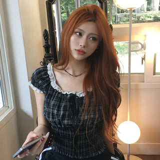 Soda Check Lace Frill Smock Blouse