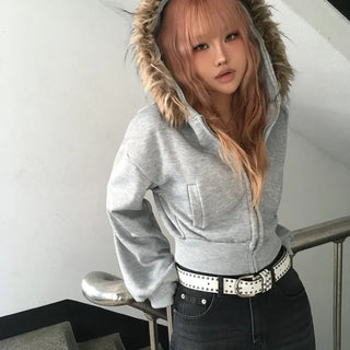 Aoki Hooded Fur Crop Zip-up