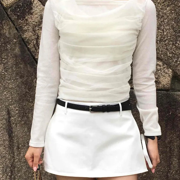 Shirred Plain Slim Fit Long Sleeve Daily T-shirt