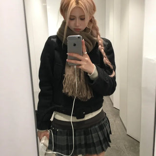 Pleated Low Check Pleated Side Stud Mini Skirt