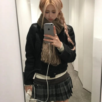 Pleated Low Check Pleated Side Stud Mini Skirt