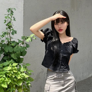 Shirred puff shoulder blouse