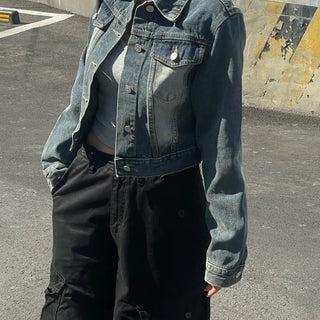 Kissing Pocket Vintage Dark Blue Washed Crop Jacket