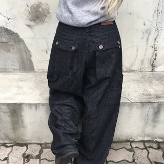 Maki Big Pocket Button Stripe Carpenter Wide Pants