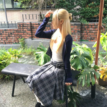 Doi Check Asymmetrical Flare Midi Skirt