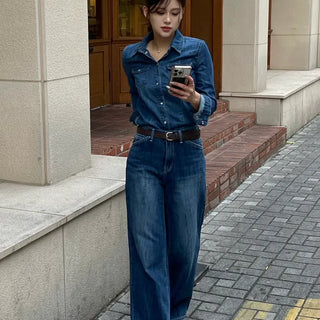 Sky Stitch Sand Dark Blue Wide Denim Pants