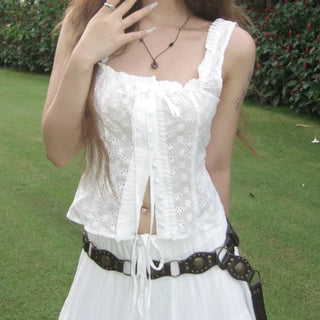 Flower Punched Lace Bean Button Eyelet Top