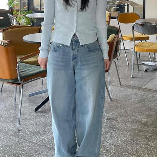 Loose-fit Washed Button Wide Long Pants